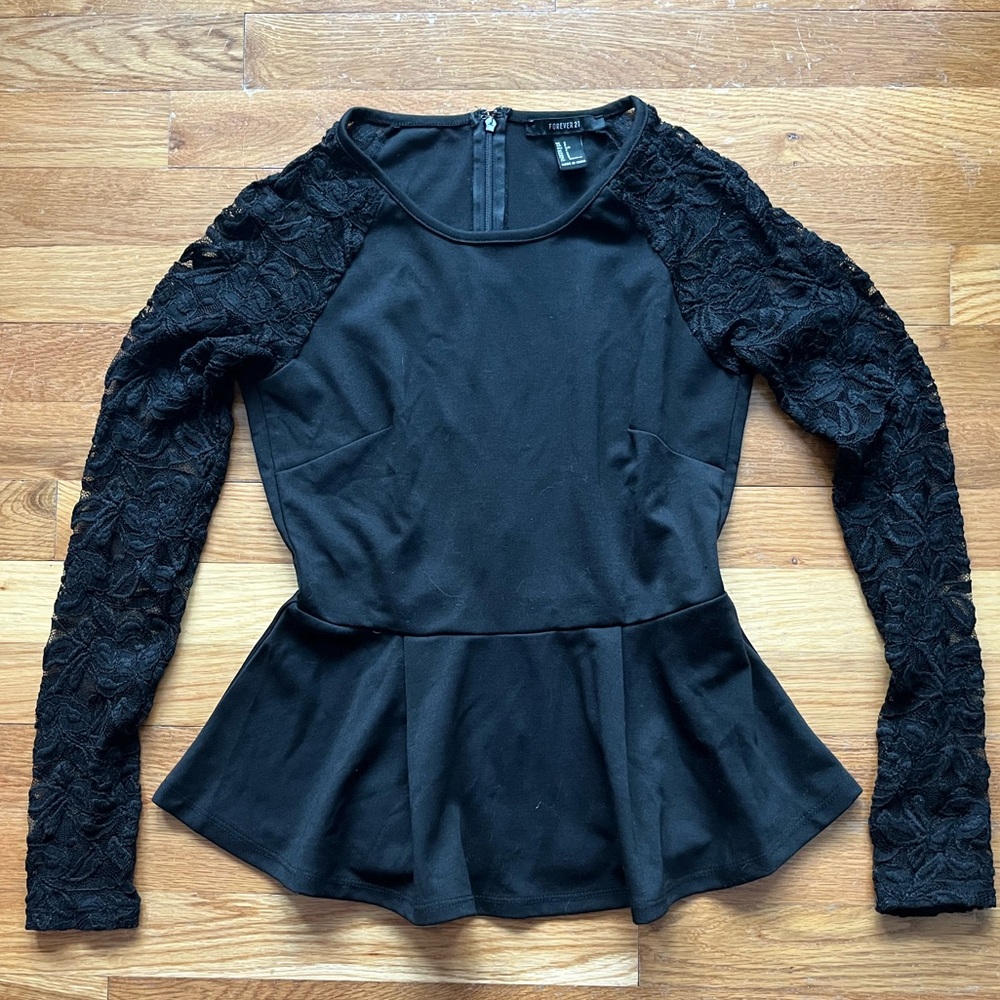 Forever 21 long sleeve shirt black with zip up back and lace sleeves